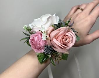 Wedding Corsage Pink Wedding Wrist Corsage White Bridesmaids Decor Corsage Ivory Corsage White Accessories Dusty Rose Artificial Flowers