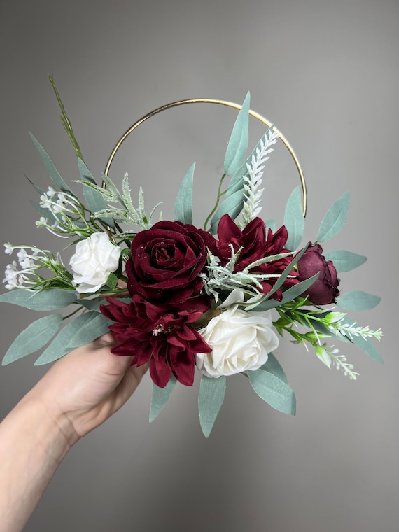 Wedding Hoop Burgundy White Hoop Flower Girl Hoop Bridesmaids Ring Wreath Alternative Bouquet Hoop Fall Artificial Flower