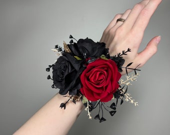 Black Corsage Red Wedding Gothic Wrist Corsage Bridesmaids Corsage Mom Black Corsage Red Gold Accessories Artiticial Flower