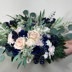 Wedding Bouquet Dusty Rose Navy Blue Bridal Wedding Rustic Bridesmaids Blush Pink Handmade Eucalyptus Artificial Flower Greenery Baby Breath