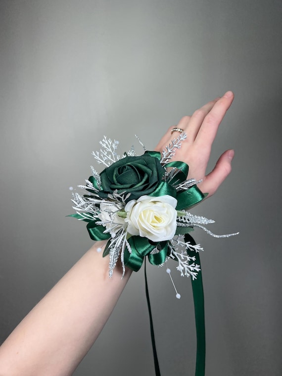 prom corsage for green dress Emerald Wedding White Metallic Silver Hunter Green Dark Wrist Bridesmaids Sparkly Corsage with Ribbon Artificial Flowers prom dark green corsage
