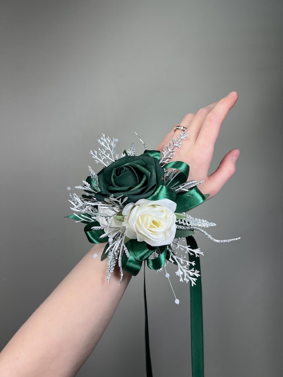 prom flowers for dark green dress Emerald Corsage Wedding White Metallic Silver Hunter Green Wrist Bridesmaids Sparkly Corsage with Ribbon Artificial Sleeveless Fabric Size:2XL (9-11 Yrs.) Bridesmaid bouquet Get To Know Club Moda 2026-07-29 :: Mini Dresses What To Wear At