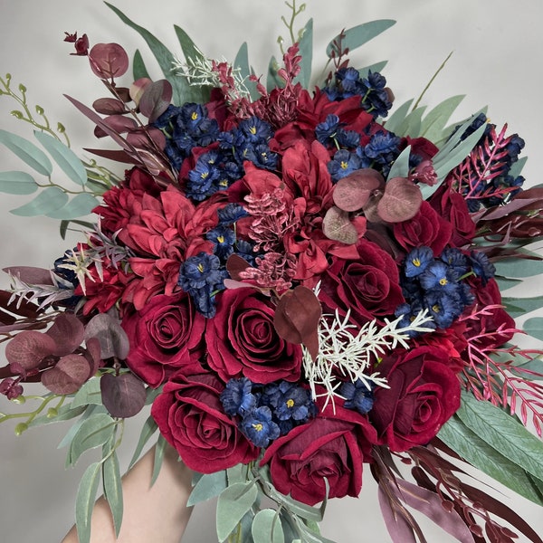 Wedding Bouquet Burgundy Navy Blue Bridal Bouquet Burgundy Blue Bridesmaids Bouquet Burgundy Navy Blue Artificial Flower