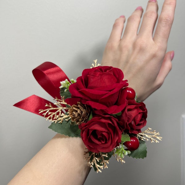 Wedding Christmas Corsage Red Gold Wedding Wrist Corsage Red Bridesmaids Burgundy Corsage Pine Cone Winter Artificial Flowers