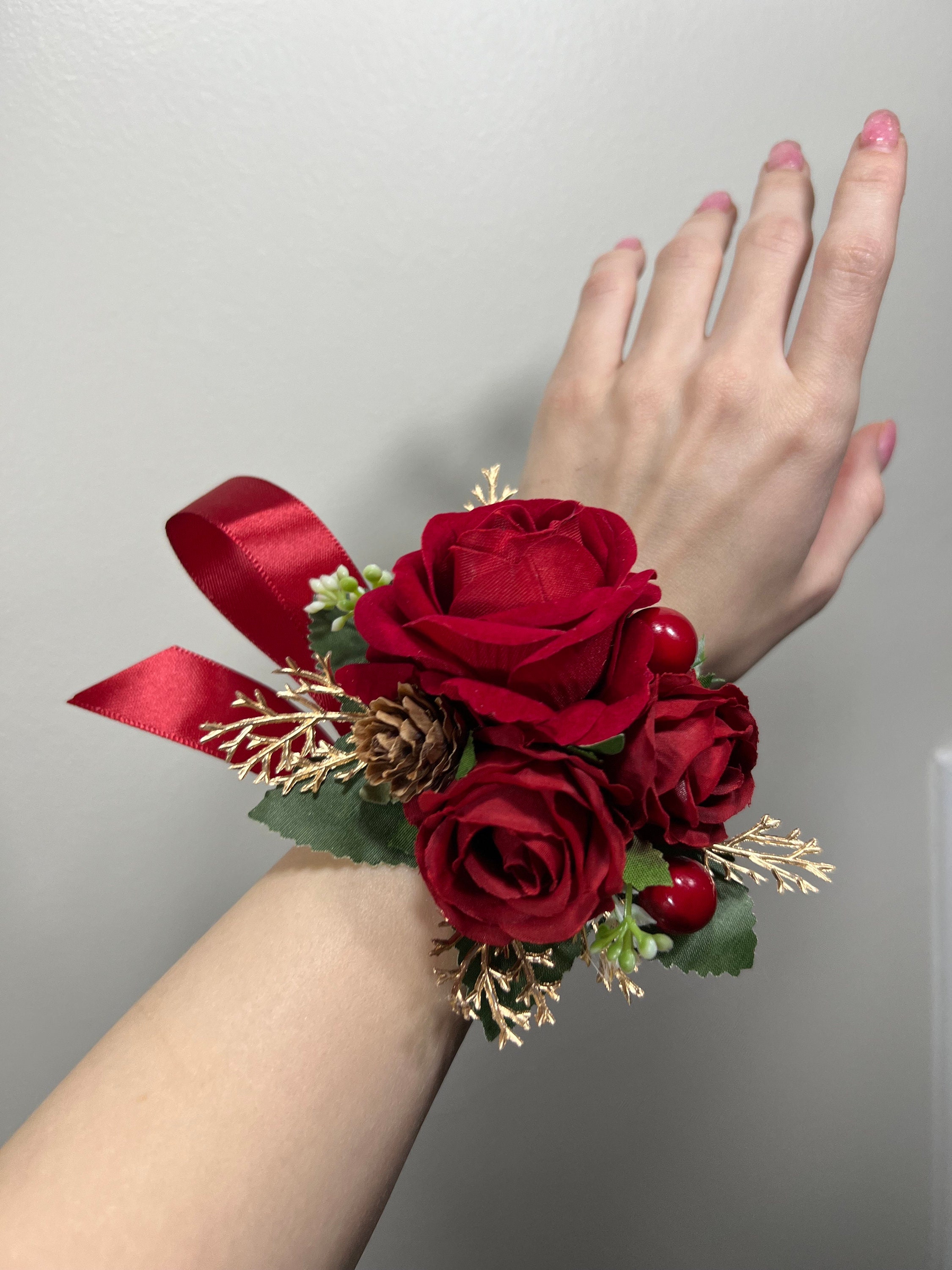 Wedding Christmas Corsage Red Gold Wedding Wrist Corsage Red Bridesmaids  Burgundy Corsage Pine Cone Winter Artificial Flowers - Etsy, image size:2250x3000