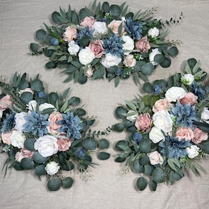 Dusty Blue White Arch Arrangements Wedding Pink Dusty Blue Arbor Arrangement Blush Blue Ivory Wall Decor Pink Blue Swag Arch Arrangements