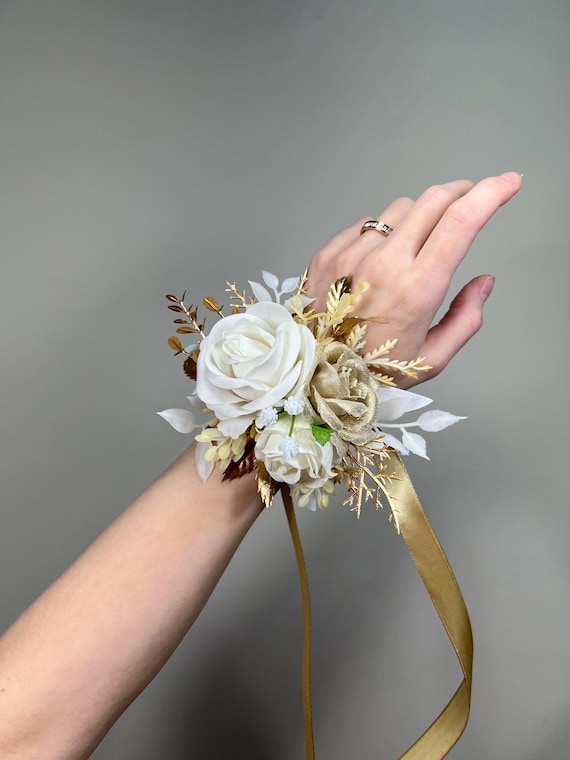 White Gold Corsage Wedding Champagne Bridesmaids Wrist Corsage Prom Ivory  Beige Cream Rustic Mom Wristband Baby Breath Artificial Flowers - Etsy