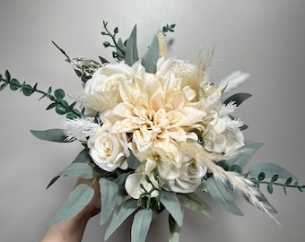 Wedding Bouquet Ivory Bridal Cream Bouquet Champagne Classic Sage Eucalyptus Greenery Bridesmaids Bouquet White Hydrangea Artificial Flowers