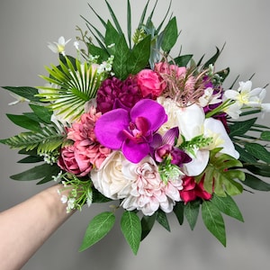 Wedding Bouquet Tropical Fuchsia Orchid Bridesmaids Bouquet Hot Pink Fuchsia Flower Viva Magenta Artificial Flower Faux Pink Tropical White