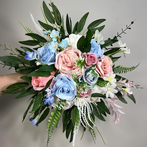 Blue Pink Bouquet Wedding Bridal Bouquet Sky Blue White Bouquet Bridesmaids Blush Blue Bouquet Wild Flowers Pink Blue Artificial Flower