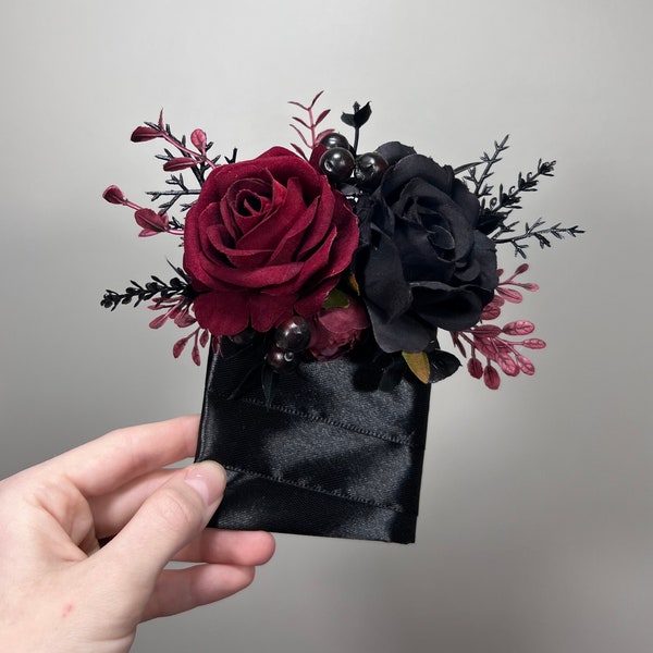 Wedding Pocket Boutonniere Black Groom Boutonnière Square Burgundy Groomsmen Halloween Burgundy Black Gothic Artificial Flowers