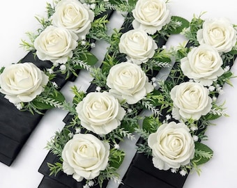 White Pocket Boutonnière, Wedding Groom Single Rose Square Boutonnière, Groomsmen Ivory Rose Eucalyptus Greenery