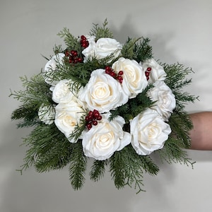 Wedding Christmas Bouquet Winter Bridal White Rustic Bridesmaids Bouquet Christmas Tree Pine Red Berries Artificial Flowers Winter Ivory