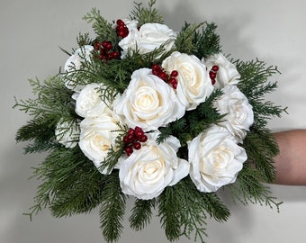 Wedding Christmas Bouquet Winter Bridal White Rustic Bridesmaids Bouquet Christmas Tree Pine Red Berries Artificial Flowers Winter Ivory