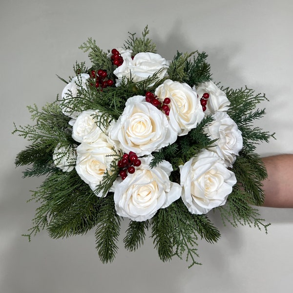Wedding Christmas Bouquet Winter Bridal White Rustic Bridesmaids Bouquet Christmas Tree Pine Red Berries Artificial Flowers Winter Ivory