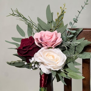 White Burgundy Pink Pew Decor Chair Wedding Ivory Aisle Flowers Blush Dusty Rose Aisle Arrangement Ceremony Decor Eucalyptus Artificial
