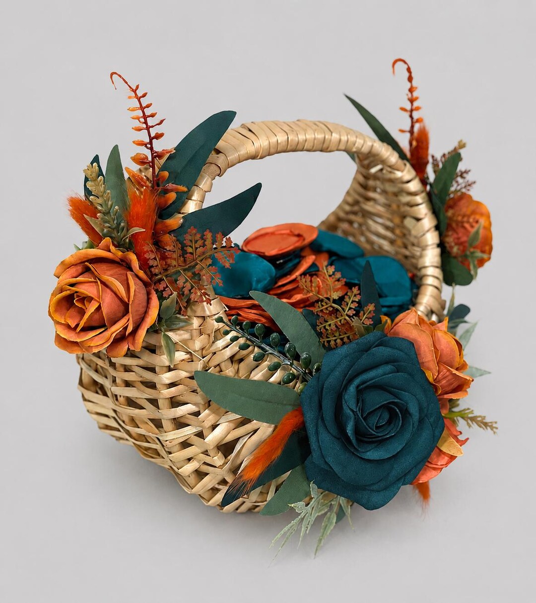 Flower Girl Basket Wedding Dark Teal Orange Burnt Fall Ceremony