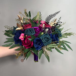 Jewel Tones Bouquet Wedding Bridal Dark Purple Bouquet Navy Blue Royal Bridesmaids Bouquet Plum Teal Bouquet Purple Gold Artifical Flower