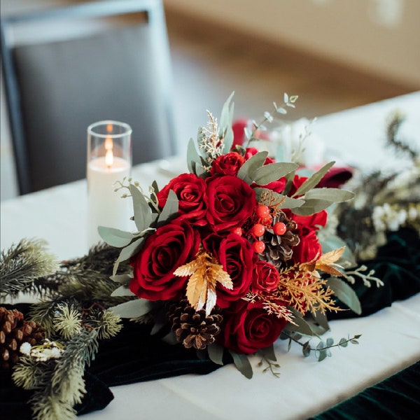 Wedding Christmas Bouquet Red Bridal Winter Bouquet Red Christmas Rustic Bridesmaids Bouquet Gold Christmas Tree Red Pine Cone