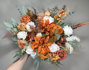 Burnt Orange Ivory Bouquet Bridal Terracotta Wedding White Bridesmaids Bouquet Burnt Orange Brown Bouquet Rust Cinnamon Artificial Flower