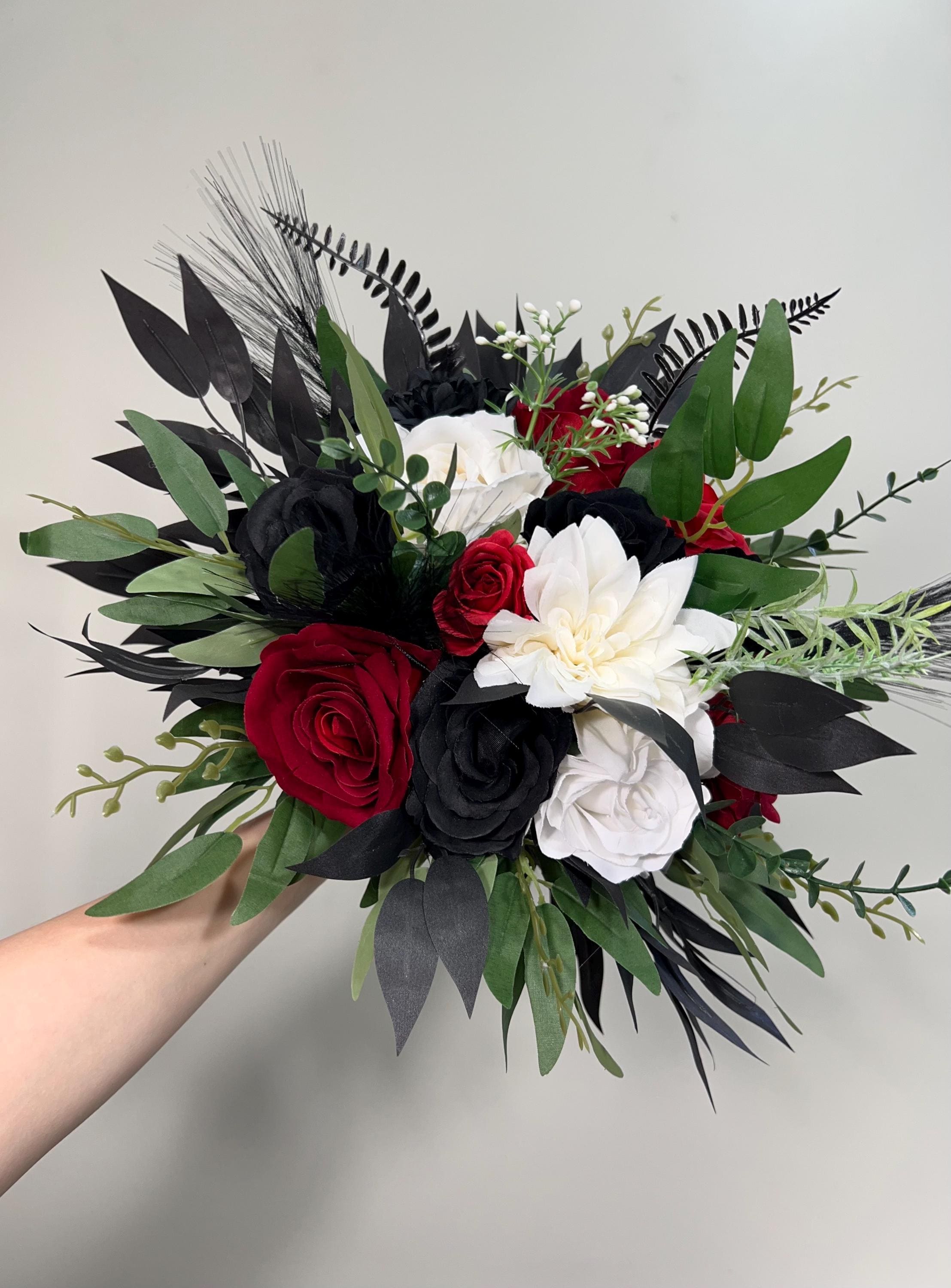 Black White Red Bouquet Wedding Bridal Black Red Bouquet Bridesmaids Gothic  Black White Dark Red Bouquet Artificial Flower, image size:2215x3000
