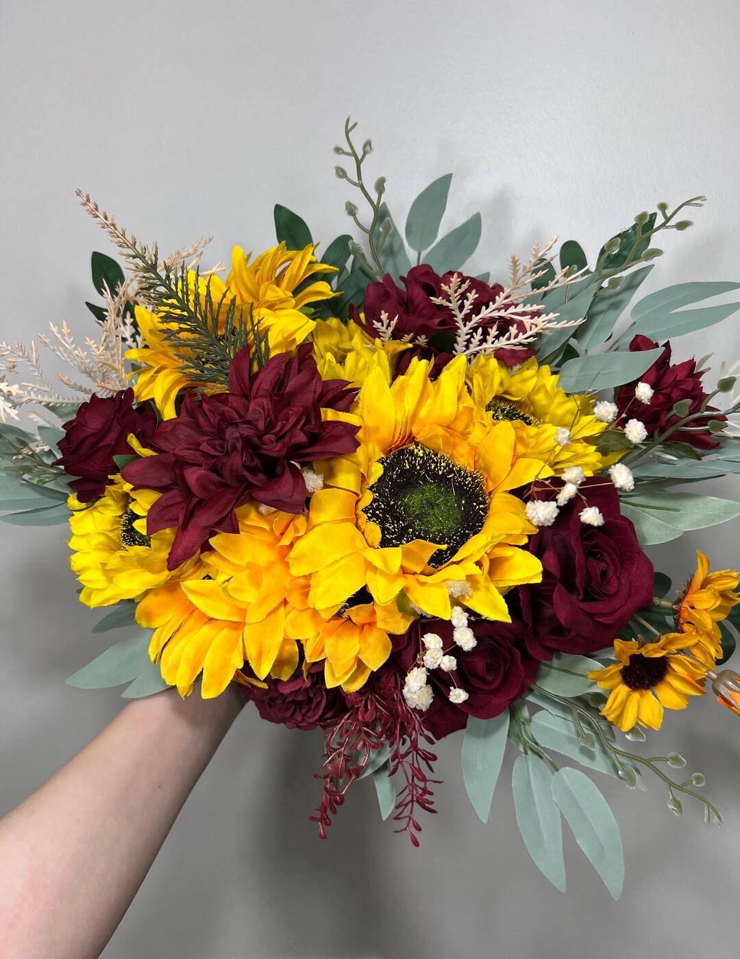 burgundy bridesmaid dresses with sunflower bouquets Wedding Bouquet Boho Bridal Sunflower Wedding Bouquet Bridesmaids Fall Decor Artificial Dried Flowers Baby Breath Reddit design that require re Wedding Celebration Dress White Chiffon Ruffless Sleeves Size:SHOE US 9