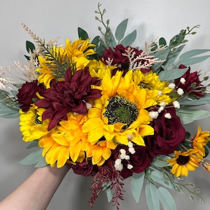 Wedding Bouquet Sunflower Boho Bridal Sunflower Wedding Burgundy Bouquet Bridesmaids Fall Decor Artificial Dried Flowers Baby Breath