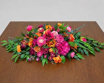 Pink Orange Centerpiece, Wedding Hot Pink Bright Orange, Tropical Table Decor Arrangement, Fuchsia Orange Sweetheart Greenery
