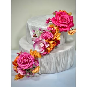 Hot Pink Orange Cake Decor Flowers Wedding Fuchsia Burnt Orange Cake Arrangements Artificial Flowers Orchid Cake Topper Tropical Magenta