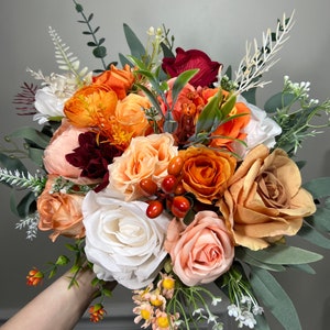 Orange Bouquet Wedding Bridal Peach Wedding White Bridesmaids Bouquet Burnt Orange Ivory Orange Burgundy Eucalyptus Artificial Flower