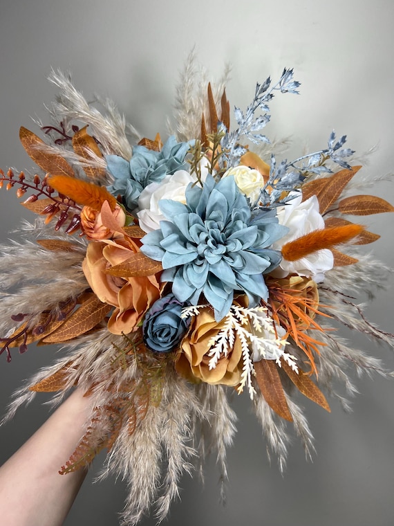 Orange Blue Dusty Bouquet Wedding Boho Terracotta Dusty Blue Bridal Bouquet  Burnt Orange Blue Bridesmaids Bouquet Rust Pampas Grass - Etsy