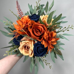 Navy Blue Orange Bouquet Wedding Navy Blue Rust Bouquet Bridesmaids Terracotta Dark Blue Bouquet Burnt Orange Navy Blue Artificial Flowers