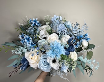 Wedding Bouquet Dusty Blue Bridal Rustic Blue Wedding White Bouquet Anemone Wild Flower Light Blue Winter Eucalyptus Ivory Artificial Flower