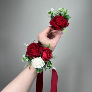 Red Corsage Wedding Corsage Wrist White Red Corsage Bridesmaids Wedding Corsage Red Ivory Mom Wrist Red Rose Corsage Prom Artificial Flower