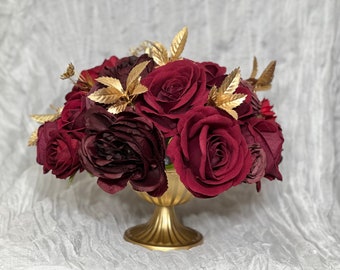 Wedding Centerpiece Burgundy Decor Table Centerpiece Maroon Wedding Gold Table Centerpiece Gold Vase Rustic Burgundy Artificial Flower