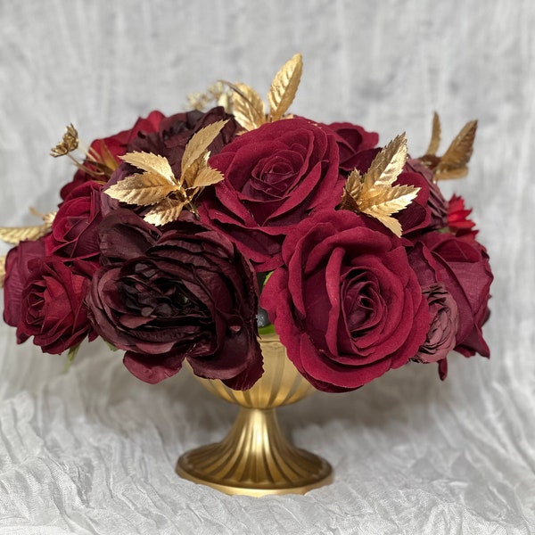 Wedding Centerpiece Burgundy Decor Table Centerpiece Maroon Wedding Gold Table Centerpiece Gold Vase Rustic Burgundy Artificial Flower