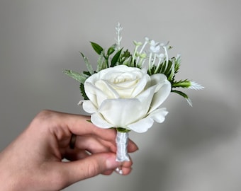 Wedding Boutonniere White Groom Wedding Groomsmen Boutonnière Ivory Artificial Flowers Eucalyptus White Rose Classic Boutonniere