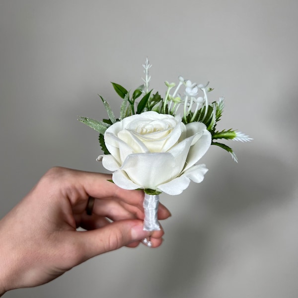 Wedding Boutonniere White Groom Wedding Groomsmen Boutonnière Ivory Artificial Flowers Eucalyptus White Rose Classic Boutonniere