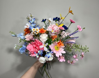 Summer Wedding Bouquet Wild Flower Pink Bridal White Spring Bouquet Pink Blush Blue Bridesmaids Bouquet Gerbera Wild Flower Artificial