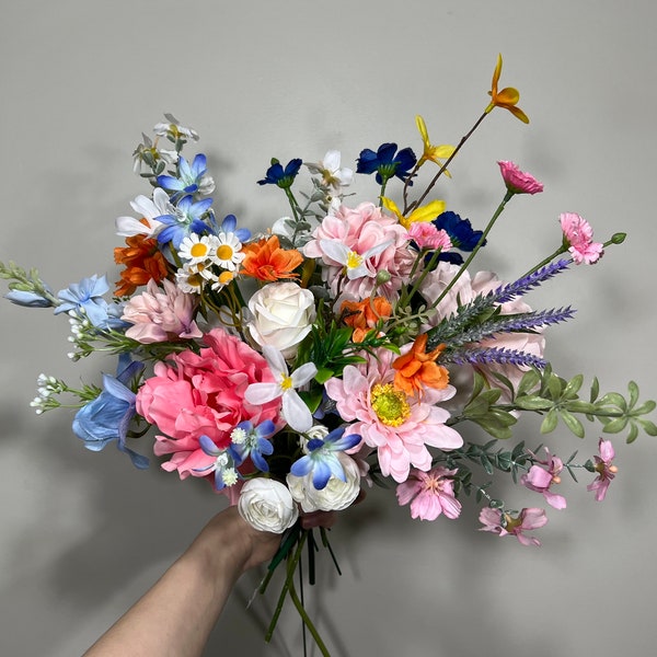 Summer Wedding Bouquet Wild Flower Pink Bridal White Spring Bouquet Pink Blush Blue Bridesmaids Bouquet Gerbera Wild Flower Artificial