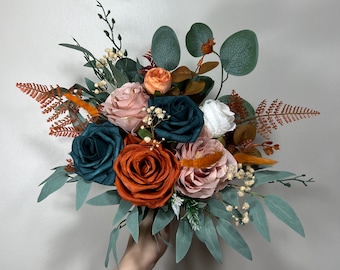 Wedding Dark Teal Bouquet Rust Terracotta Bridal Dusty Rose Bridesmaids Burnt Orange Bouquet Teal Terracotta Artificial Flowers Bouquet