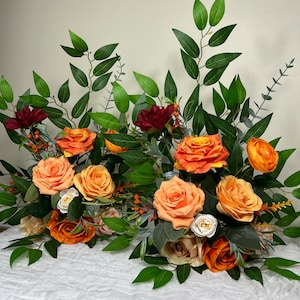 Wedding Aisle Marker Flower Floor Arrangement Whiskey Barrel Décor Orange Ground Arch Burgundy Ivory Burnt Orange Peach Flower