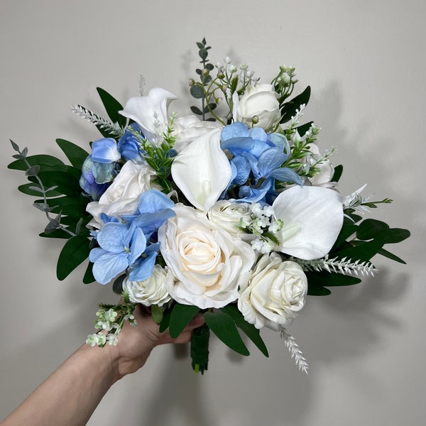 Wedding Bouquet White Hydrangea Calla Lilies Bridal Bouquet Blue Bridesmaids Light Blue Baby Ivory Spring Artificial Flower Calla Lily