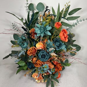 Wedding Aisle Marker Flower Floor Arrangement Whiskey Barrel Décor Teal Terracotta Blue Rust Ground Arch Rustic Burnt Orange Eucalyptus