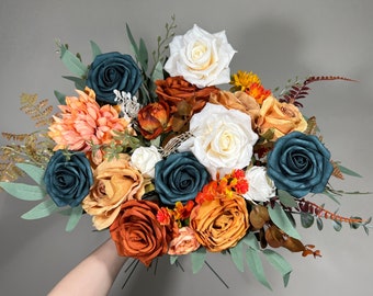 Wedding Dark Teal Bouquet Bridal Rust Terracotta Bridesmaids Burnt Orange Bouquet Teal Terracotta Artificial Flowers Bouquet