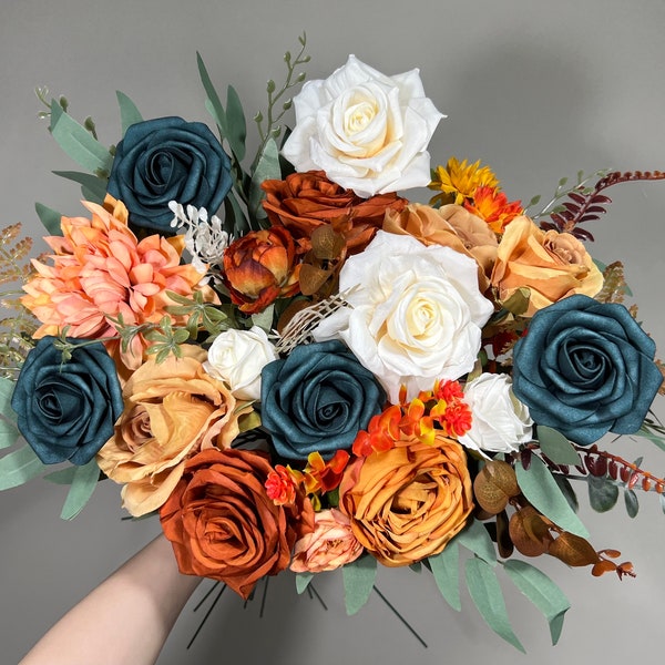 Hochzeit Dunkel Teal Bouquet Braut Rost Terrakotta Brautjungfern Gebrannte Orange Bouquet Teal Terrakotta Künstliche Blumen Bouquet