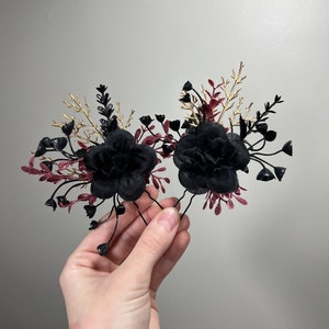 Black Hair Pin Wedding Burgundy Flower Girl Headpiece Gothic Floral Bridesmaids Hair Pin Black Accessories Hair Pin Gold Artificial Flowers