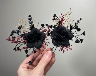 Svart Hårspänne Bröllop Vinröd Blomma Flicka Huvudbonad Gotisk Blommig Brudtärnor Hårspänne Svarta Accessoarer Hårspänne Guld Konstgjorda Blommor