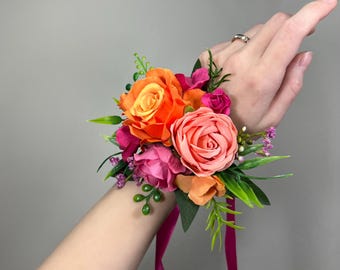 Orange Coral Corsage Wedding Bridesmaids Tropical Beach Wrist