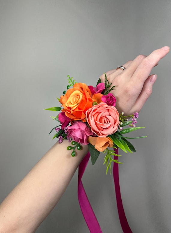 Orange Coral Corsage Wedding Bridesmaids Tropical Beach Wrist